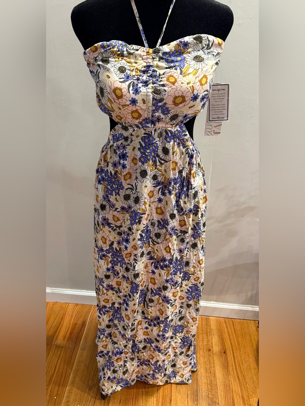 Almost Famous White Floral Backless Maxi Dress with Blue and Yellow Blooms